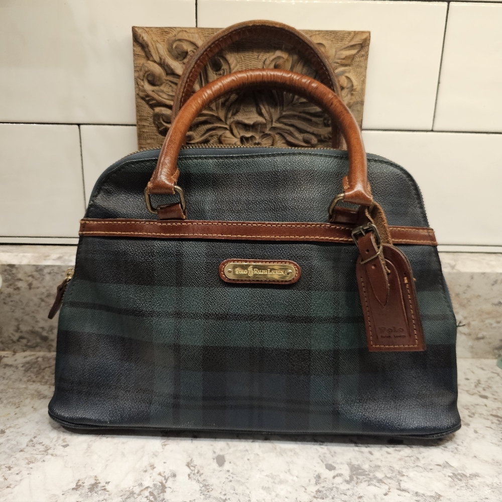Polo Ralph Lauren Blackwatch Plaid Handbag with Brown Leather Accents